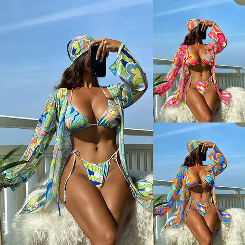 Damen Bikiniset mit leichtem, transparentem Kimono und verspieltem Muster Heidi-Mode