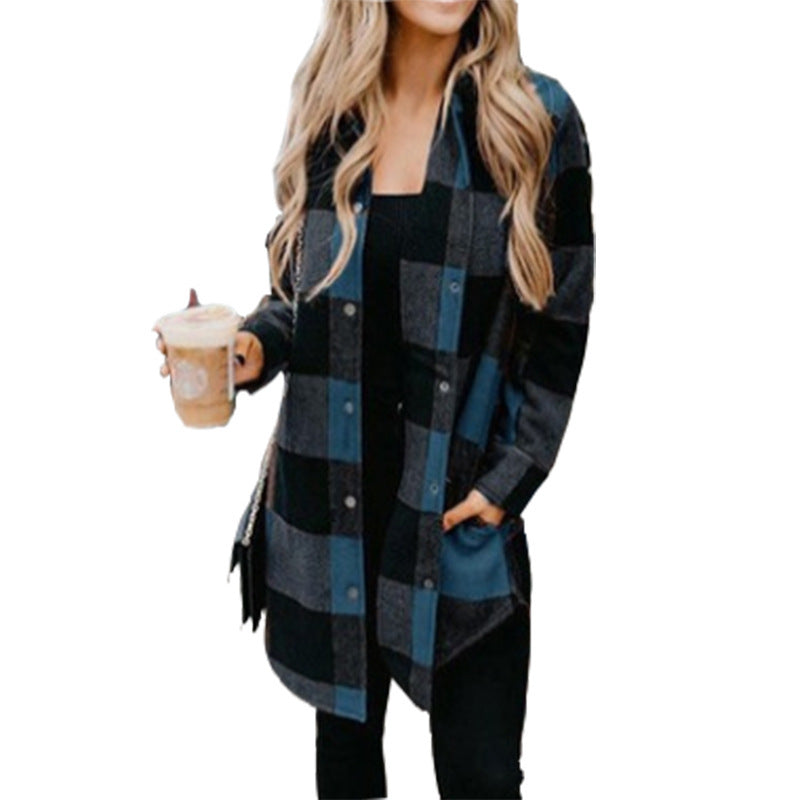 Damen lässige Longbluse im Karo-Design mit Knopfleiste Heidi-Mode