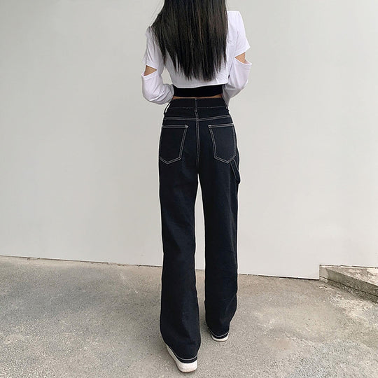 Damen weite Jeans mit modischen Kontrastnähten Heidi-Mode