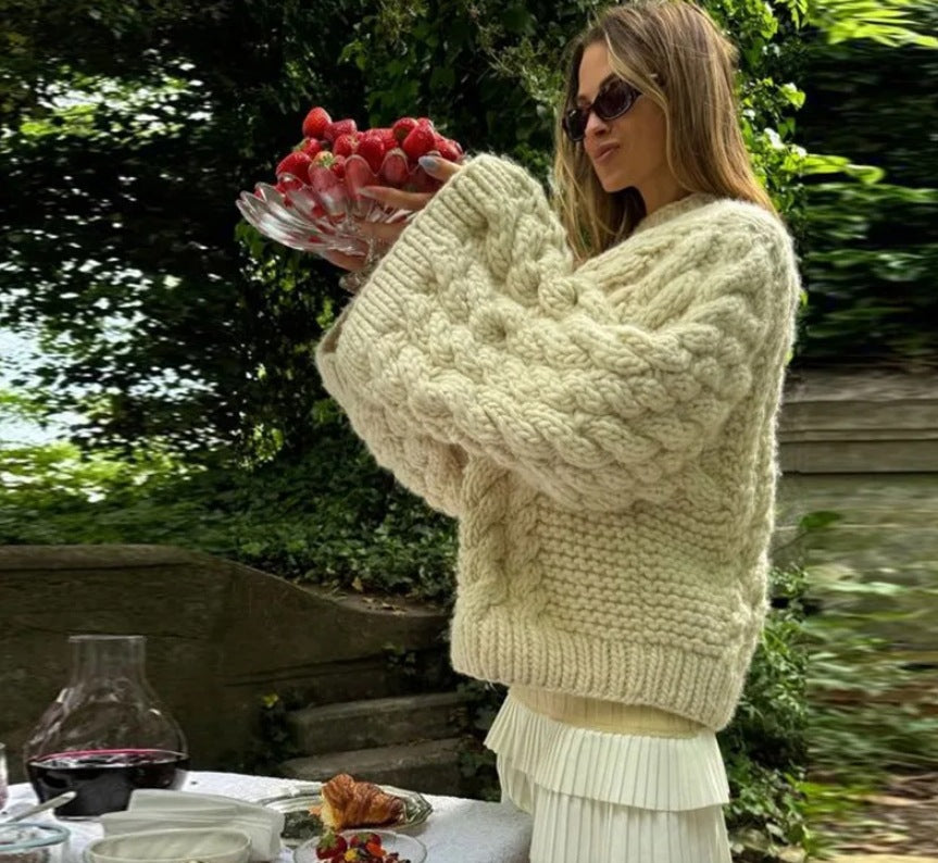 Damen oversize Strickpullover mit Zopfstrickmuster Heidi-Mode