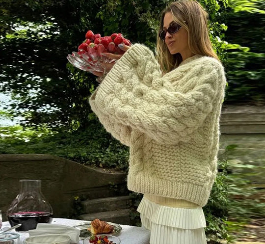 Damen oversize Strickpullover mit Zopfstrickmuster Heidi-Mode