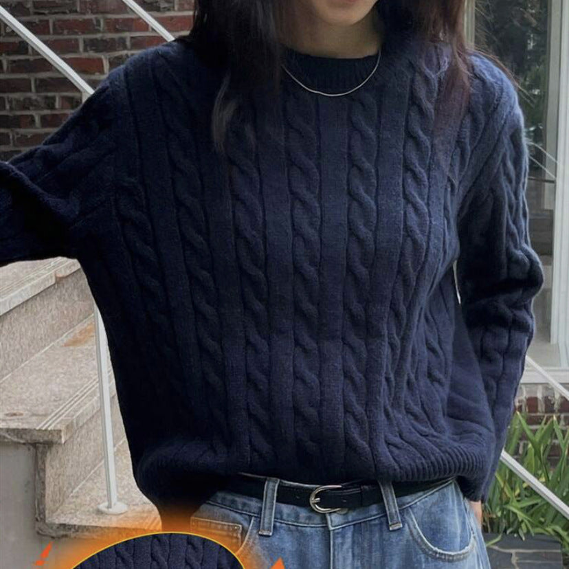 Damen Grobstrickpullover mit Zopfmuster und weiten Ärmeln Heidi-Mode