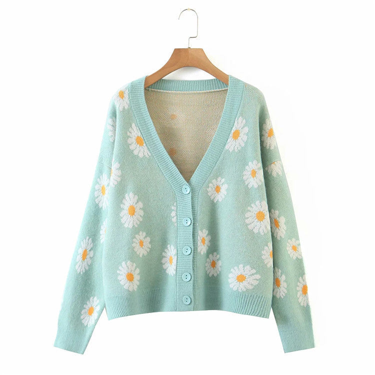 Damen Strickjacke mit Blumenmuster und V-Ausschnitt Heidi-Mode