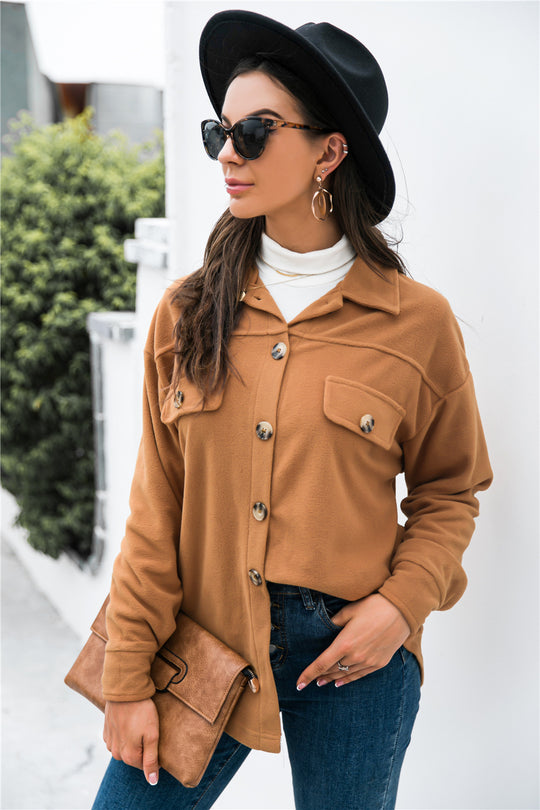 Damen oversize Blusenjacke aus weichem Fleece mit Knopfleiste und Brusttaschen Heidi-Mode