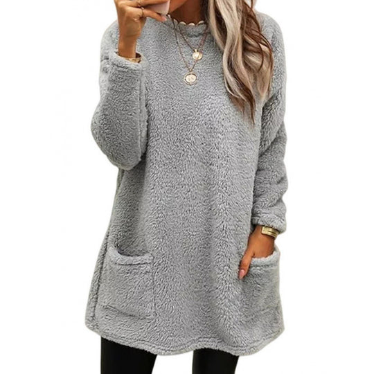 Damen Pullover mit weichem Teddy-Fleece und praktischen Taschen Heidi-Mode