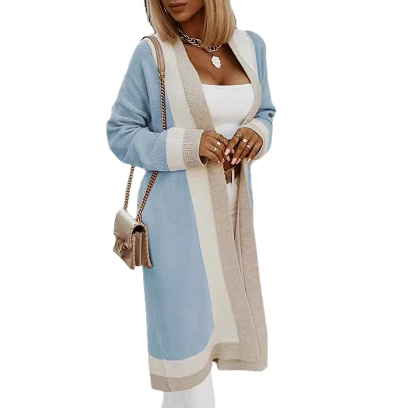 Damen lange Strickjacke mit Farbblockdesign und offenen Front Heidi-Mode