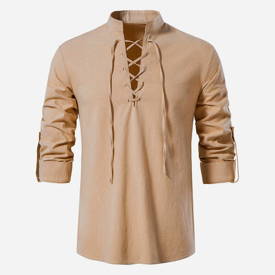Herren lässiges Langarmhemd mit modernem Schnürdesign und hochqualitativer Baumwolle Heidi-Mode