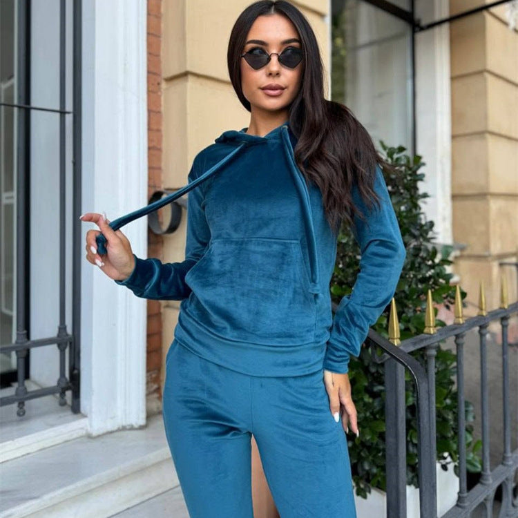 Damen sportlicher Velours-Jogginganzug mit Kapuze und elastischem Bund Heidi-Mode