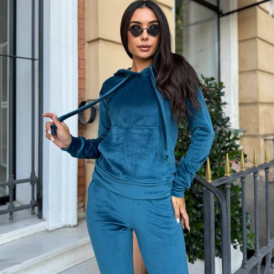 Damen sportlicher Velours-Jogginganzug mit Kapuze und elastischem Bund Heidi-Mode