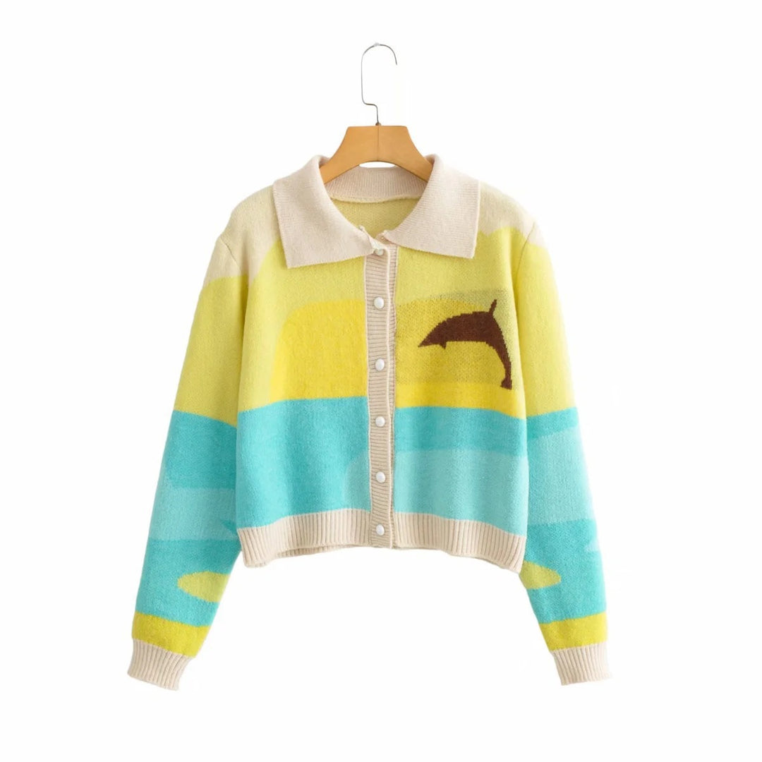Damen Strickjacke mit verspieltem Motiv und modernem Farbverlauf Heidi-Mode