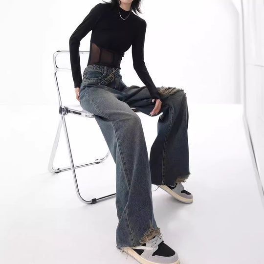 Damen Weite High-Waist Jeans im lässigen Used-Look mit modischen Rissen Heidi-Mode