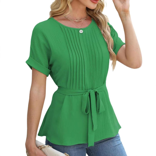 Damen modisches Blusenshirt mit eleganten Plisseedetails und Taillengürtel Heidi-Mode