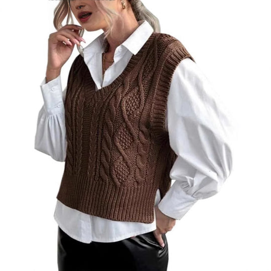 Damen Strickweste mit V-Ausschnitt und Zopfmuster Heidi-Mode