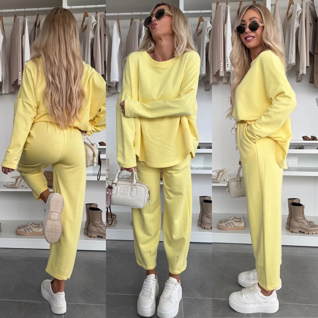 Damen elegantes Freizeit-Lounge-Set aus weicher Baumwolle mit Gummizug Heidi-Mode