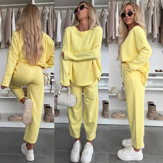 Damen elegantes Freizeit-Lounge-Set aus weicher Baumwolle mit Gummizug Heidi-Mode