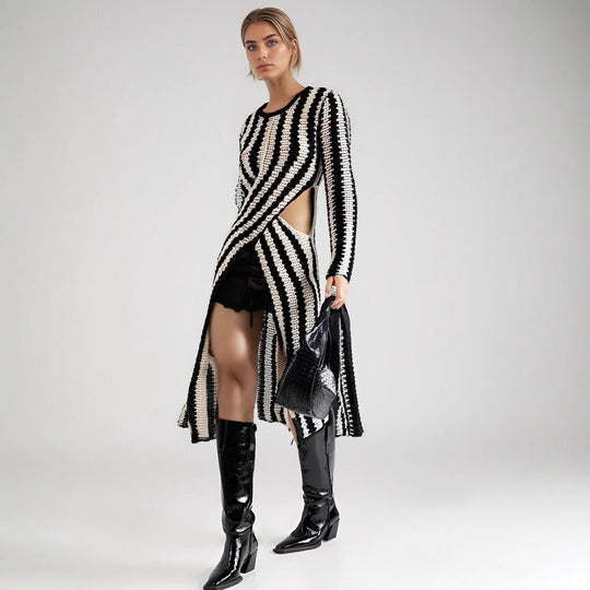 Damen Designer-Strickkleid mit asymmetrischem Schnitt und grafischem Muster Heidi-Mode