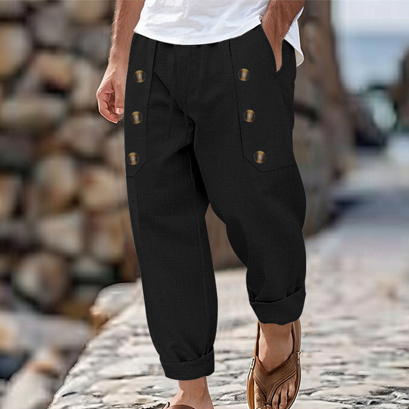 Herren Bequeme Leinenhose mit seitlichen Knöpfen und elastischem Bund Heidi-Mode