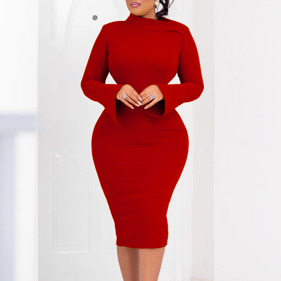 Damen Elegantes Etuikleid mit asymmetrischem Kragen und weitem Ärmel Heidi-Mode
