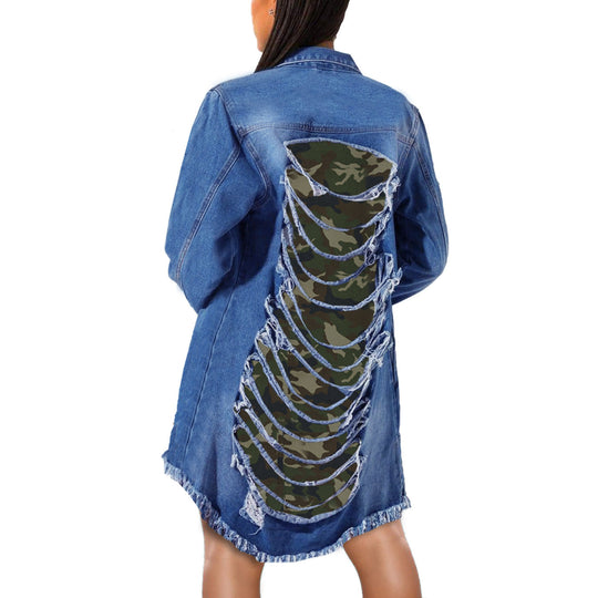 Heidi-Mode | Lange Zerrissene Jeansjacke mit Camouflage-Muster