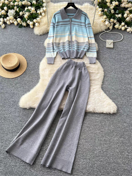 Damen modisches Freizeit-Loungewear-Set mit Reißverschluss und breitem Bein Heidi-Mode