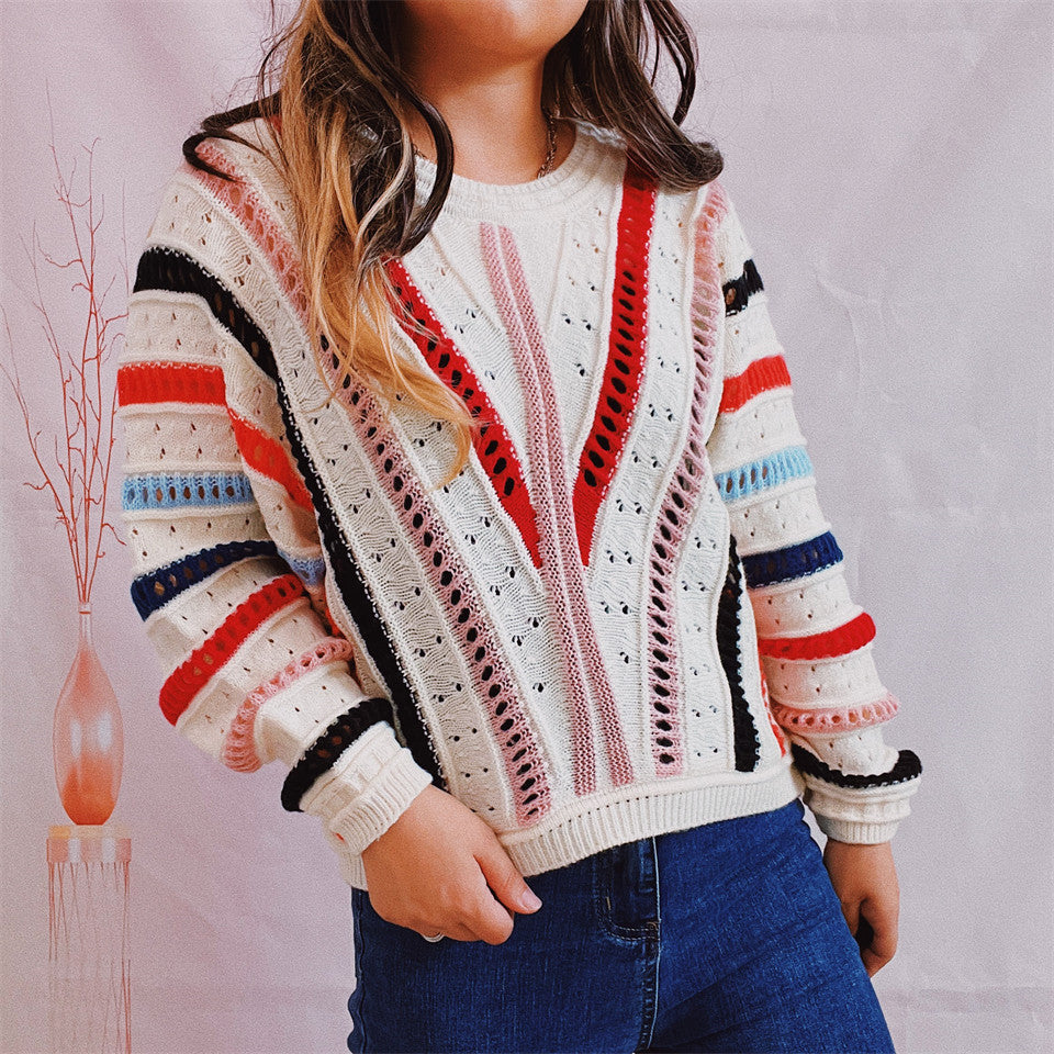 Damen lässiger Strickpullover mit modernem Farbverlauf und einzigartiger Lochstruktur Heidi-Mode