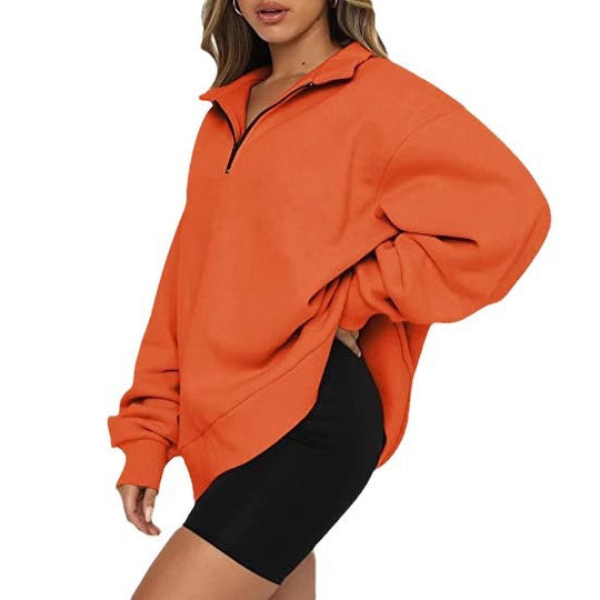 Damen modischer Oversized Pullover mit kurzem Reißverschluss und lässigen Ärmeln Heidi-Mode