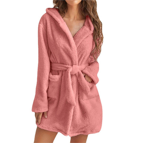 Damen Fleece Bademantel mit Kapuze und Gürtel Heidi-Mode