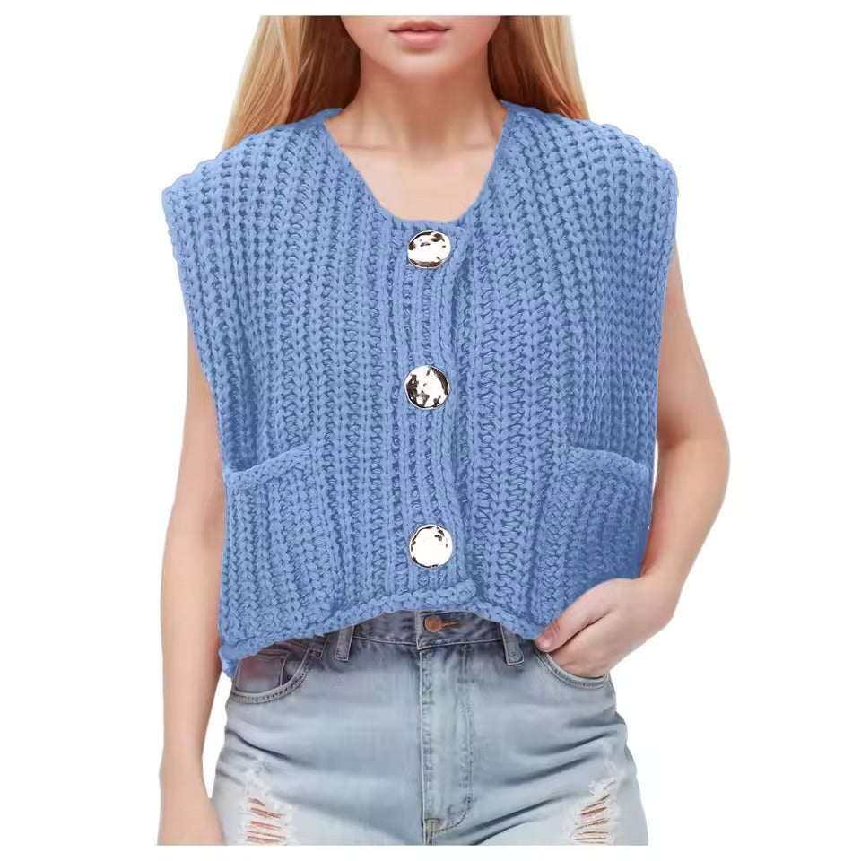 Damen Strickweste mit praktischen Taschen und dekorativen Holzknöpfen Heidi-Mode