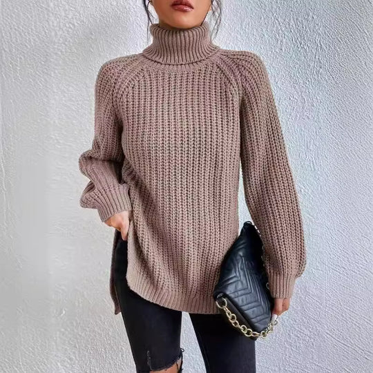 Damen Strickpullover mit hohem Kragen und strukturiertem Wabenmuster Heidi-Mode