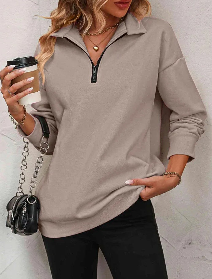 Damen Sportlicher Pullover mit halbem Reißverschluss und gemütlichem Schnitt Heidi-Mode