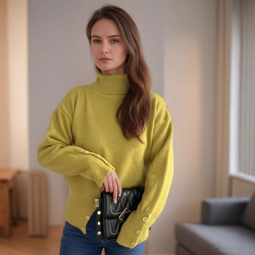 Damen modischer Rollkragenpullover mit Knopfdetails und asymmetrischem Saum Heidi-Mode