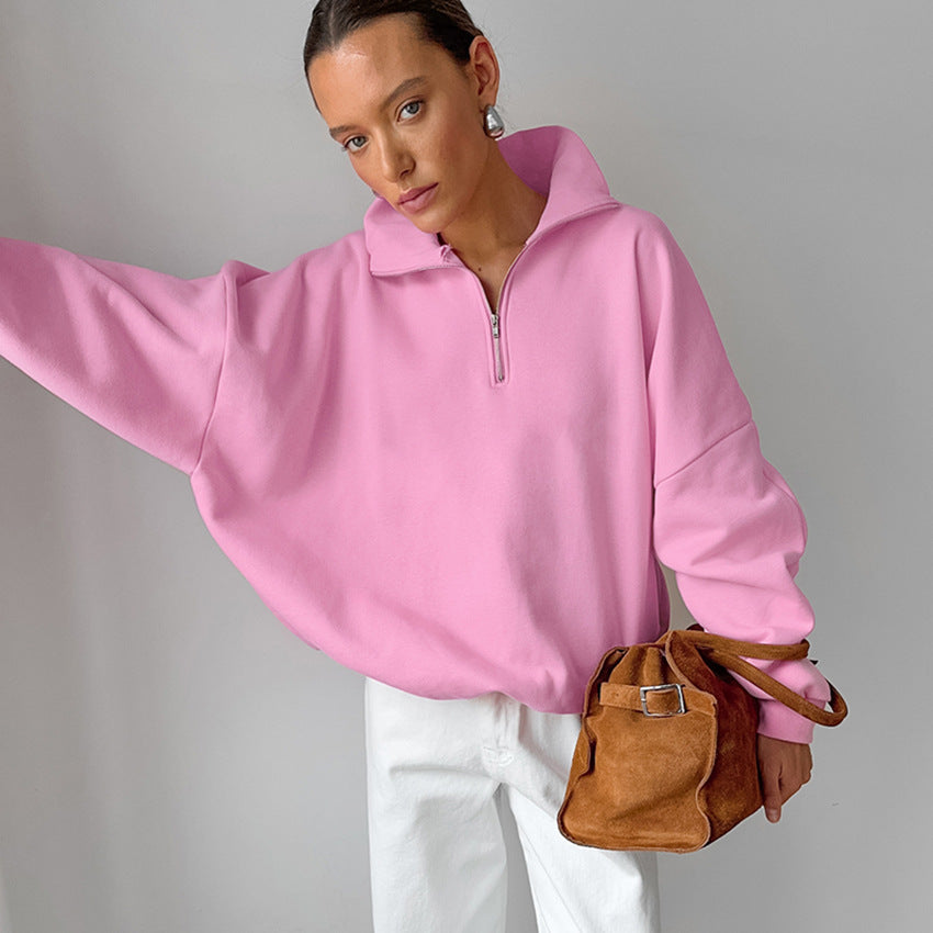 Damen lässiger Oversized Pullover mit Reißverschluss Heidi-Mode