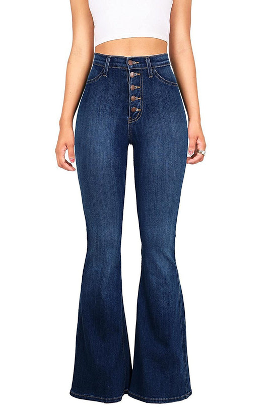 Damen Flared Jeans mit hohem Bund und dekorativer Knopfleiste Heidi-Mode