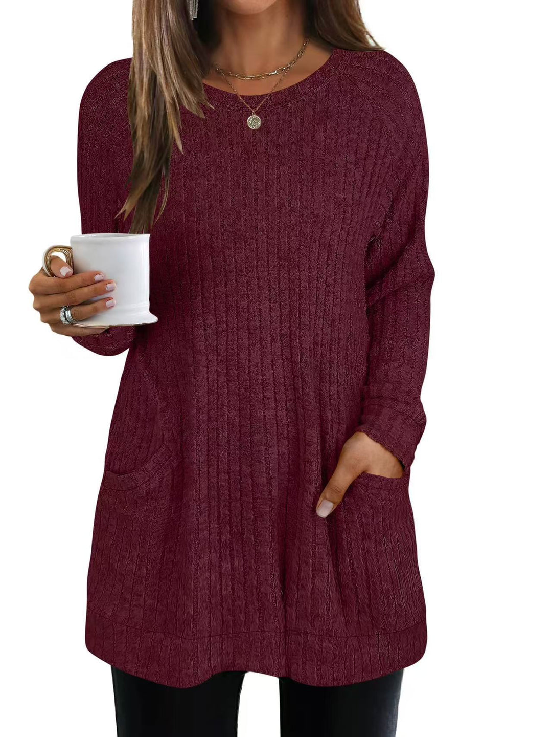 Damen lässiger Strickpullover mit seitlichen Eingrifftaschen und Rippenstruktur Heidi-Mode