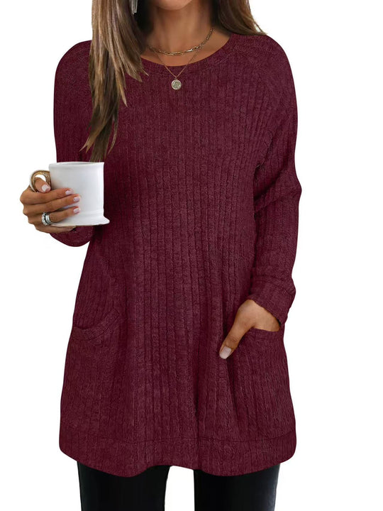 Damen lässiger Strickpullover mit seitlichen Eingrifftaschen und Rippenstruktur Heidi-Mode