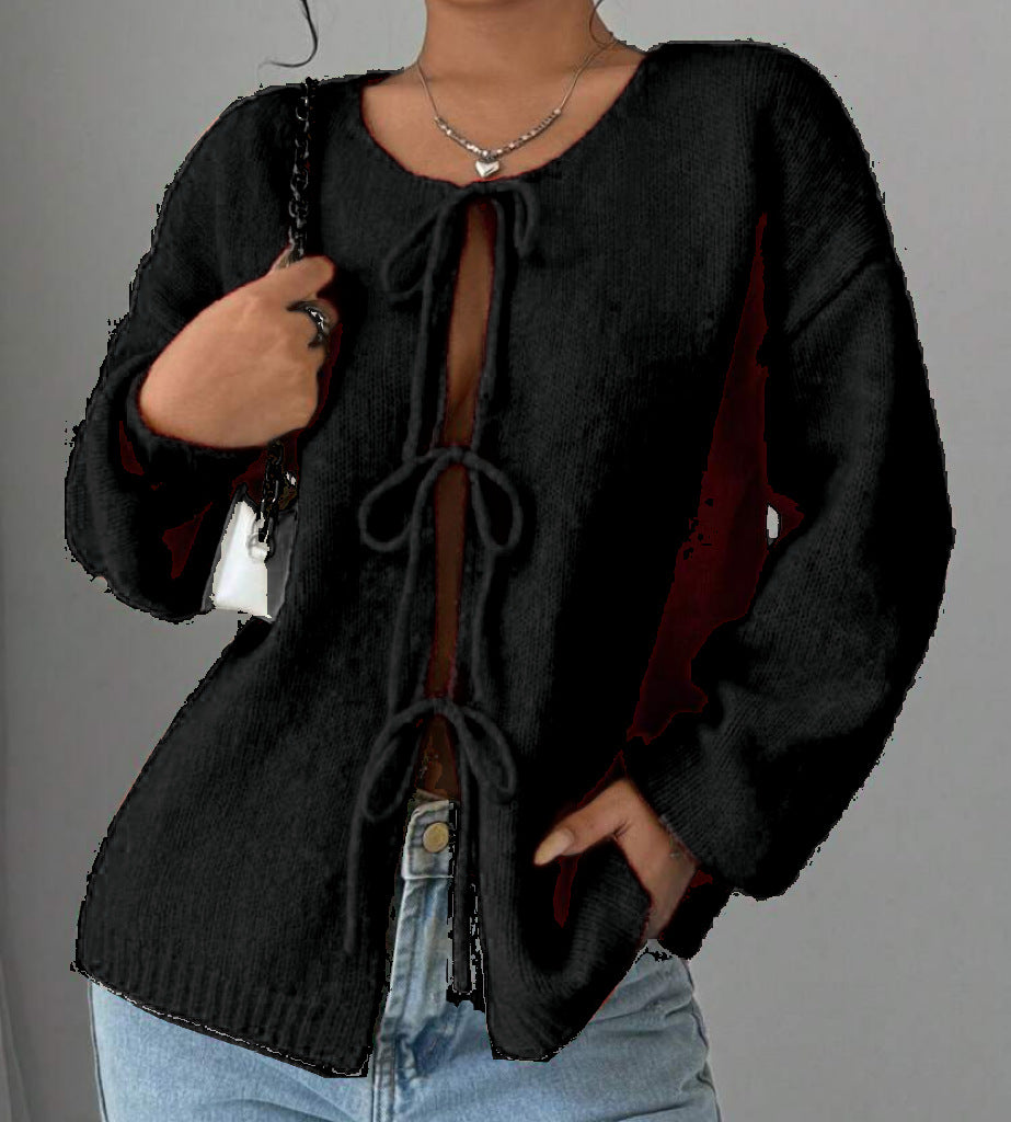 Damen Oversized Strickpullover mit dekorativem Schnürdetail Heidi-Mode