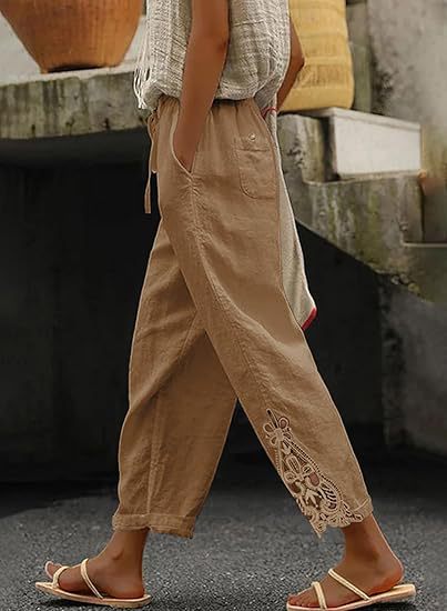 Damen luftige Leinenhose mit dekorativen Stickereien Heidi-Mode
