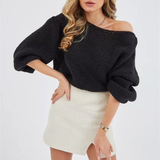 Damen Flauschiger Off-Shoulder Pullover mit überschnittenen Schultern Heidi-Mode