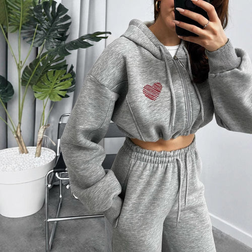 Damen lässiges Cropped Hoodie-Set mit weiten Jogginghosen Heidi-Mode