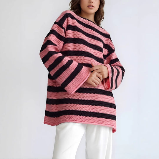 Damen lässiger Strickpullover mit kontrastierenden Streifen und weitem Schnitt Heidi-Mode