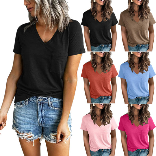 Damen V-Ausschnitt T-Shirt mit Brusttasche Heidi-Mode