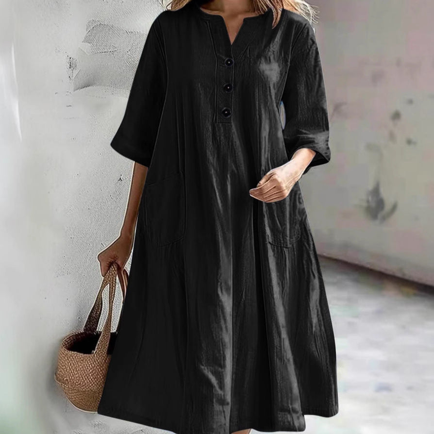 Damen lässiges Baumwollkleid mit Knopfleiste und praktischen Taschen Heidi-Mode
