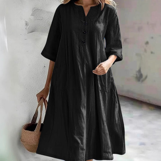Damen lässiges Baumwollkleid mit Knopfleiste und praktischen Taschen Heidi-Mode
