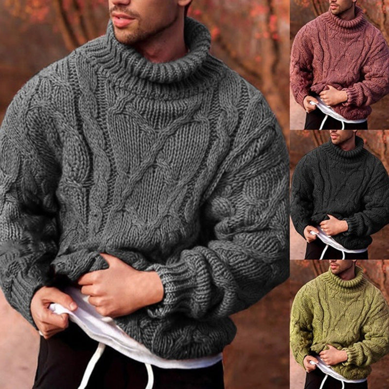 Herren Strickpullover mit hohem Kragen und strukturiertem Zopfmuster Heidi-Mode