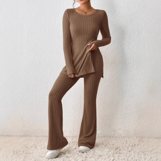 Damen Fein geripptes Lounge-Set mit langen Ärmeln und ausgestellten Beinen Heidi-Mode