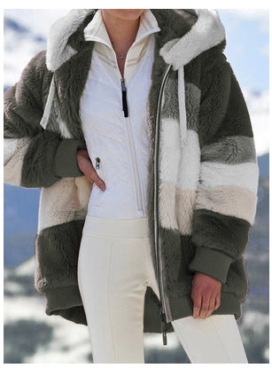 Damen Modische und warme Fleecejacke mit Kapuze und blockartigem Design Heidi-Mode