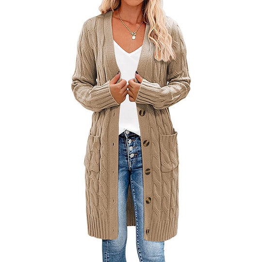 Damen Strickjacke mit asymmetrischem Zopfmuster und praktischen Taschen Heidi-Mode