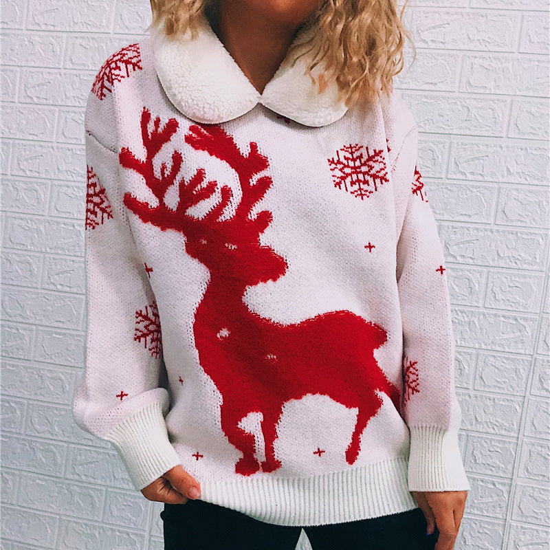 Damen Weihnachts-Pullover mit festlichem Rentier-Motiv und weichem Kragen Heidi-Mode