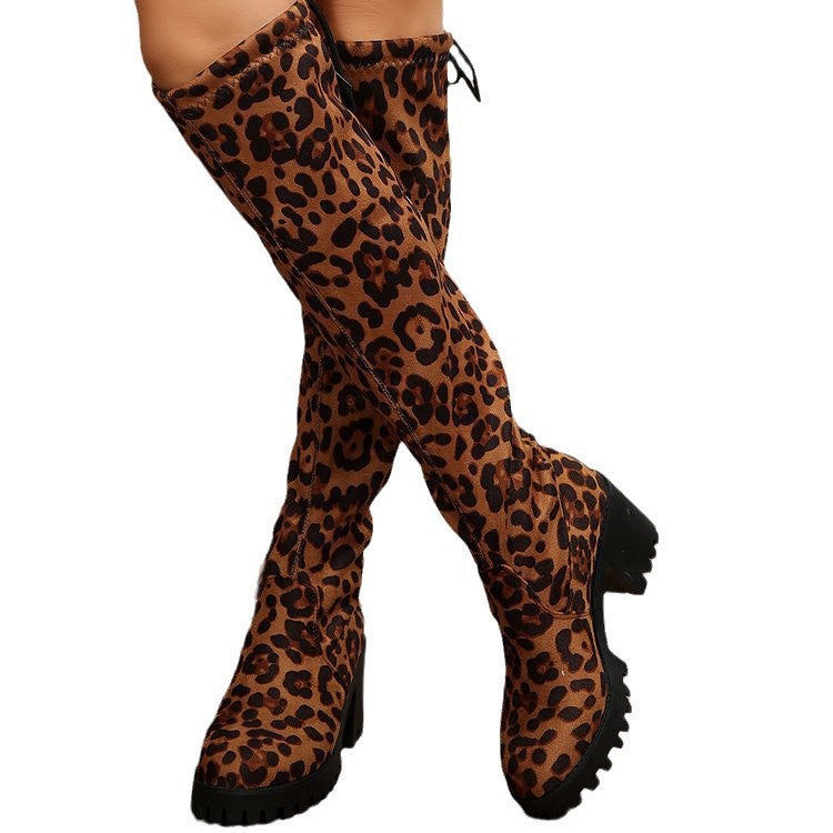 Damen Überknee-Stiefel mit modischem Leopardenmuster und robustem Blockabsatz Heidi-Mode