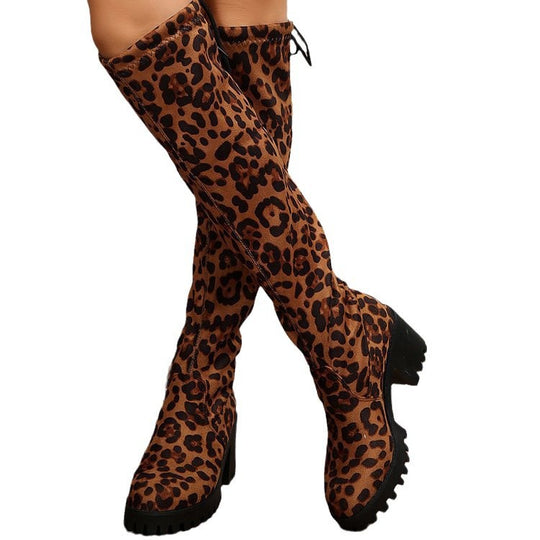 Damen Überknee-Stiefel mit modischem Leopardenmuster und robustem Blockabsatz Heidi-Mode